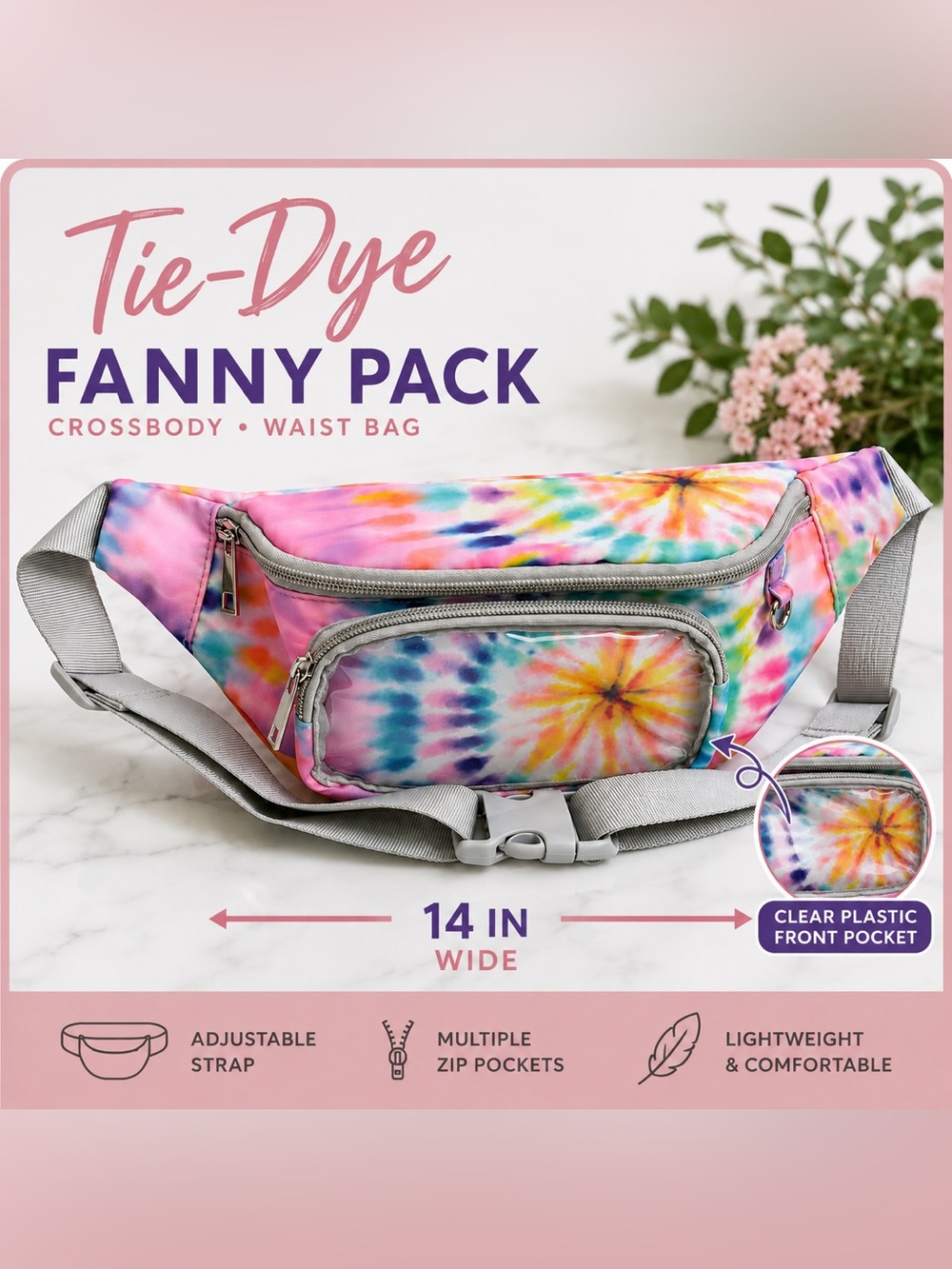 Tie-Dye Fanny Pack Crossbody Belt Bag Clear Front Pocket Adjustable Strap